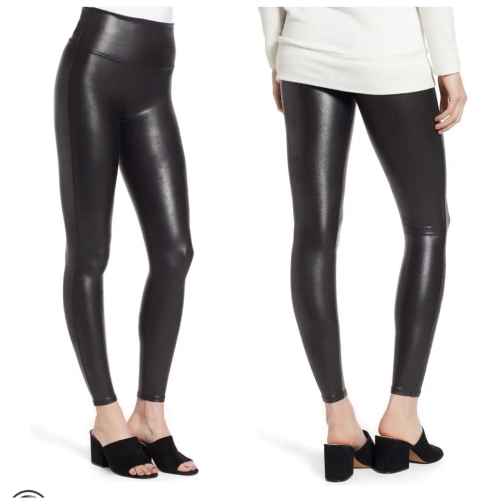 SPANX Faux Leather Pants Stretch High Waist Shaping Black Tights Legging Control